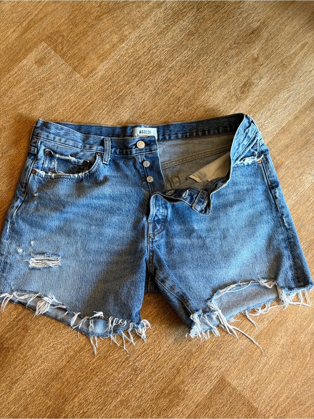 Agolde Medium Blue High-Rise Button-Fly Denim Shorts (not stretch)